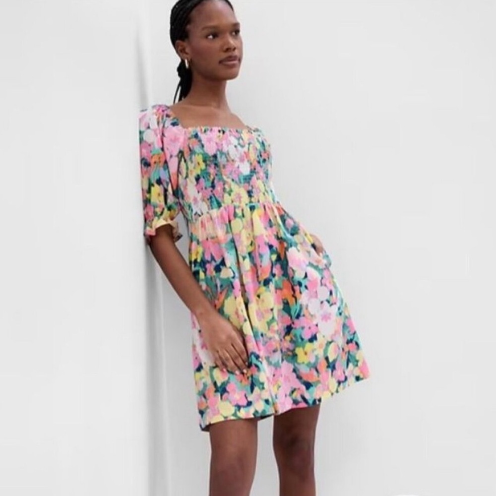 Gap Puff Sleeve‎ Linen Floral Mini Dress Size S Spring Floral Colorful Cottage